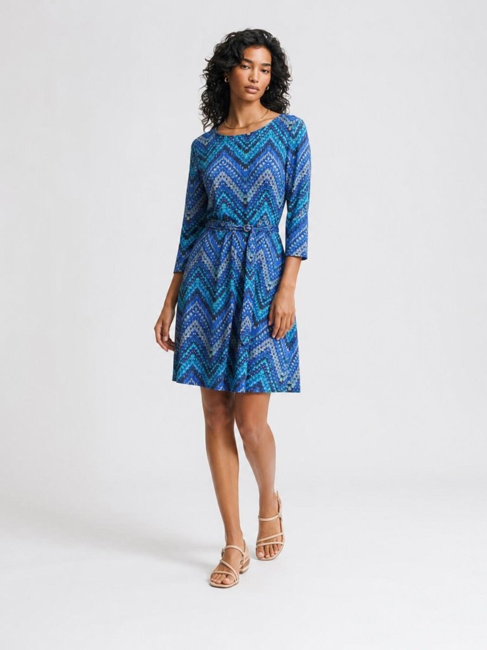 Lily Rose Juniors XL Blue Green Chevron Pattern Knit Belted Fit Flare Dress NWT
